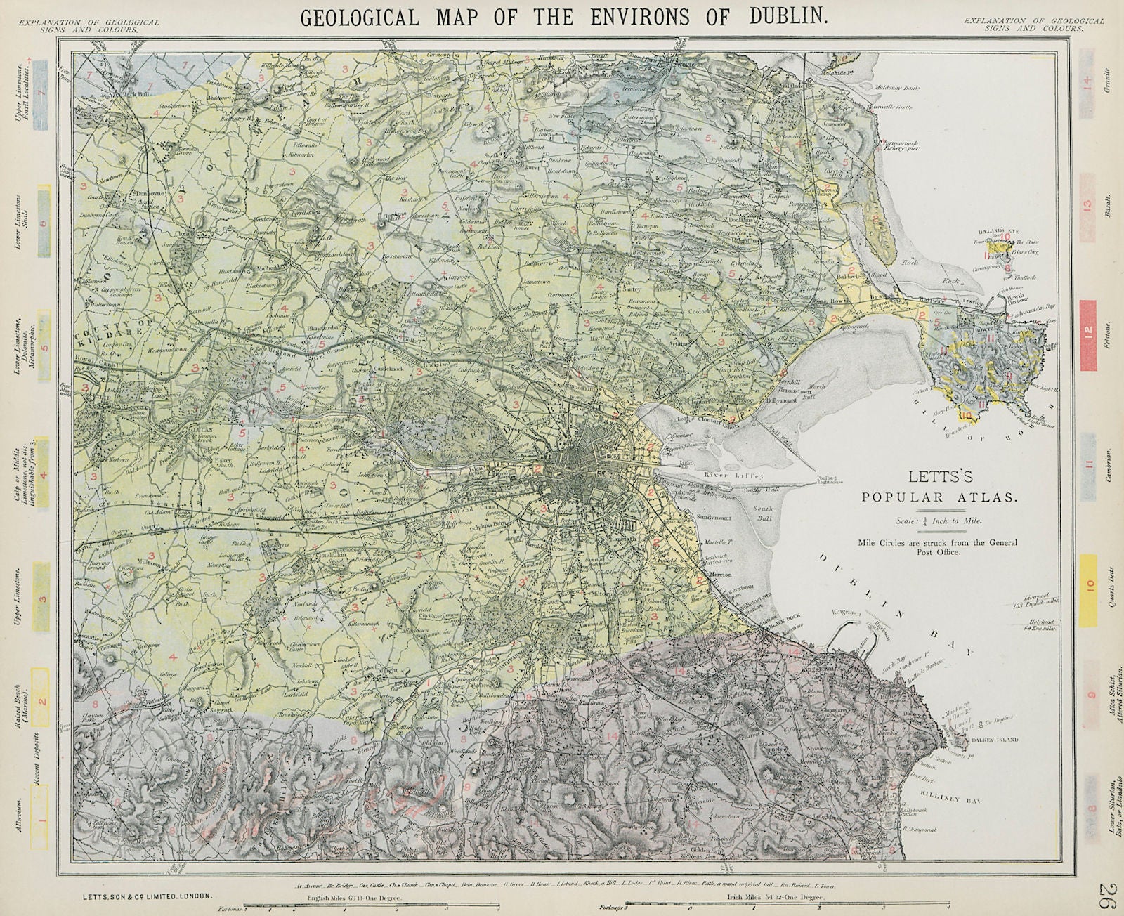 Geological map of the Environs of Dublin. Ireland. LETTS 1884 old antique